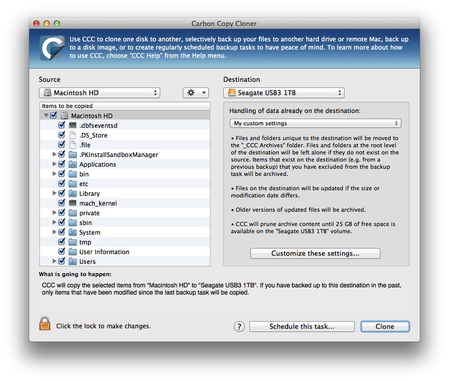 Carbon Copy Cloner is, in my opinion, the best backup software available. Selection of source and destination is straightforward and backups can be scheduled to run during the night when the computer is not in use. When cloning an external drive it is possible to add a boot partition which means that, in emergency, you can start your computer from the external drive even if the internal drive has failed.